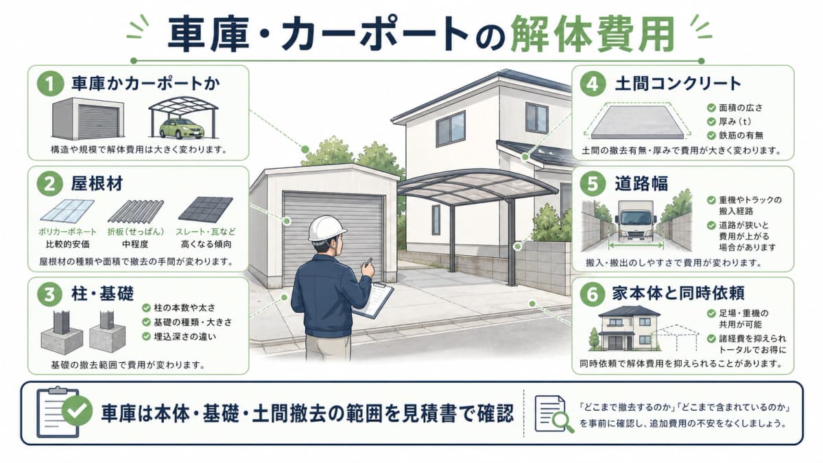 車庫・カーポートの解体費用はいくら?撤去範囲と見積書の確認ポイント 車庫・カーポートの解体費用はいくら?撤去範囲と見積書の確認ポイント
