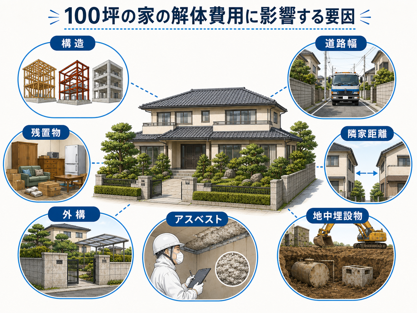 100坪の家の解体費用が変わる要因を示した図