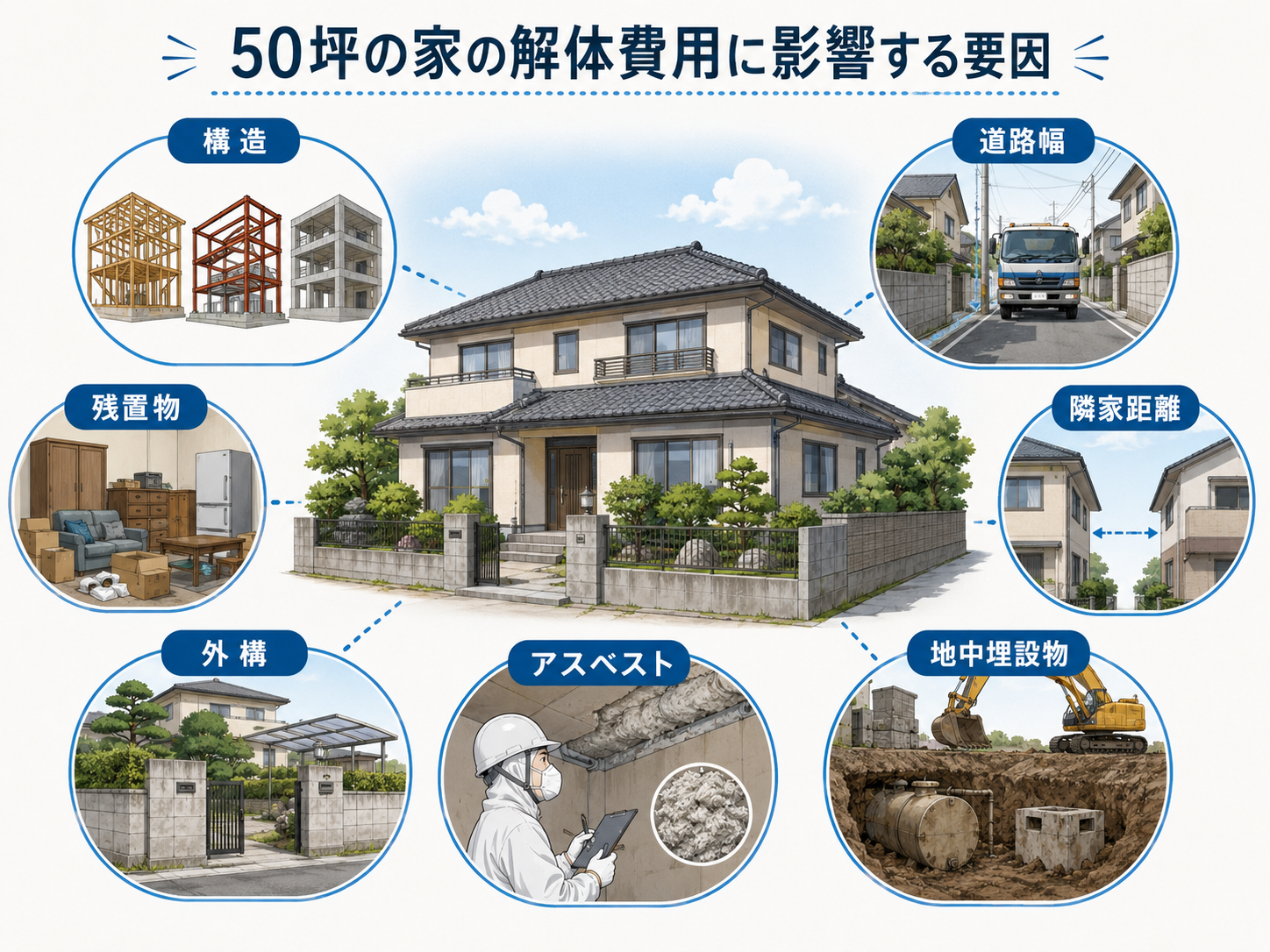 50坪の家の解体費用が変わる要因を示した図