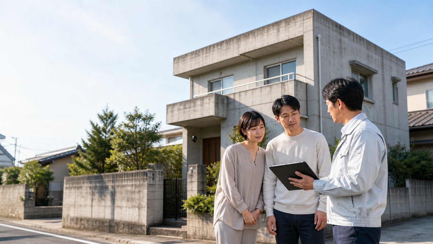 RC造住宅の解体費用について現地で相談する夫婦と担当者