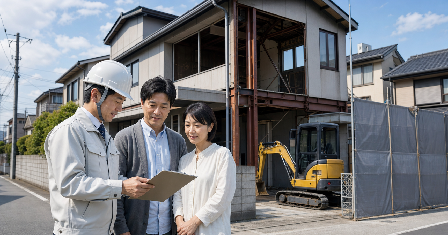 鉄骨造住宅の解体費用について相談する夫婦と担当者